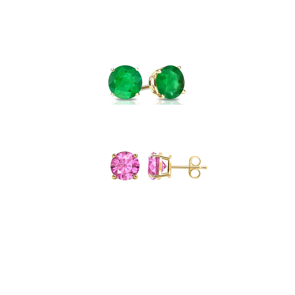 14k Yellow Gold Plated 2Ct Created Emerald and Pink sapphire 2 Pair Round Stud Earrings