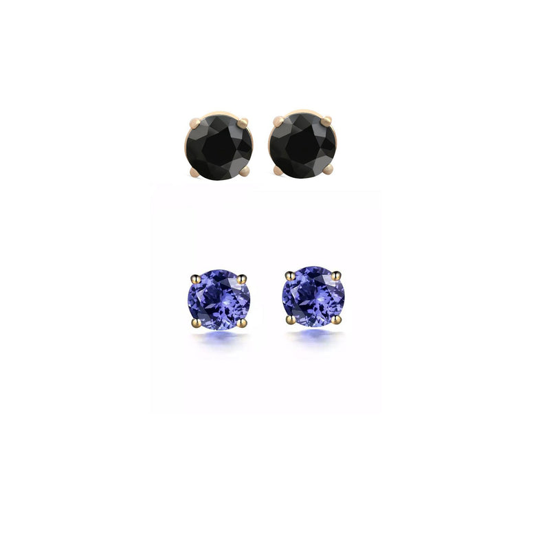 18k Yellow Gold Plated 1Ct Created Black Sapphire and Tanzanite 2 Pair Round Stud Earrings