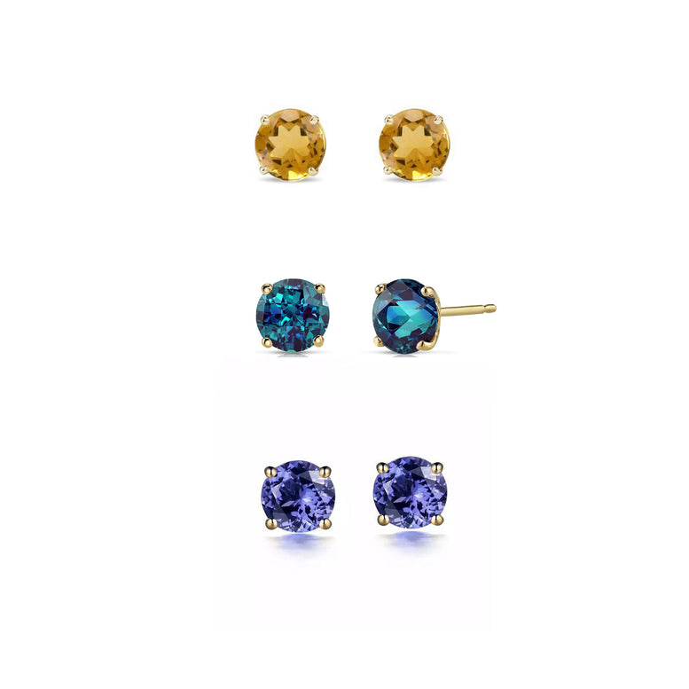 18k Yellow Gold Plated 1Ct Created Citrine, Alexandrite and Tanzanite 3 Pair Round Stud Earrings