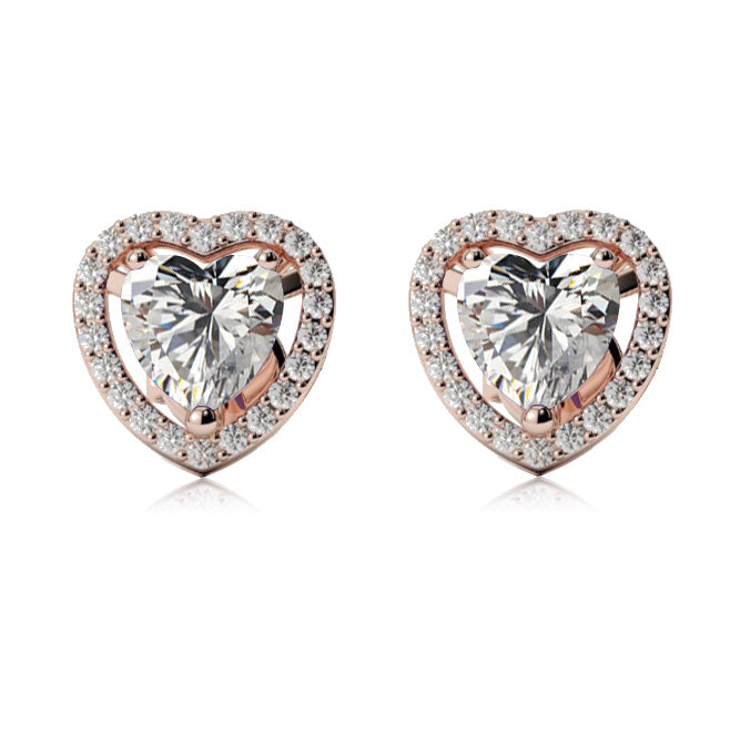 10k Rose Gold Plated 4 Ct Created Halo Heart White Sapphire Stud Earrings