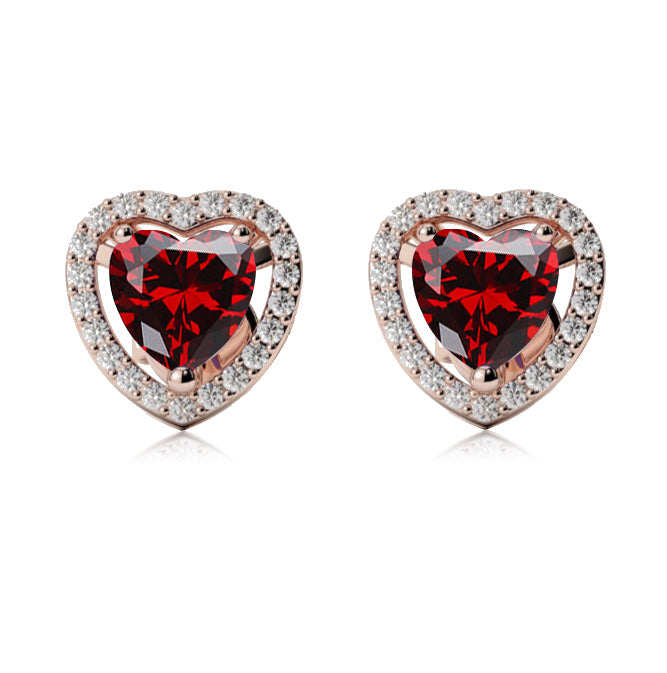 18k Rose Gold Plated 1/2 Ct Created Halo Heart Garnet Stud Earrings