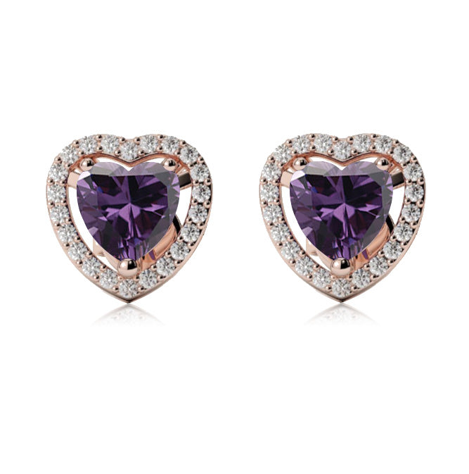 14k Rose Gold Plated 1 Ct Created Halo Heart Amethyst Stud Earrings