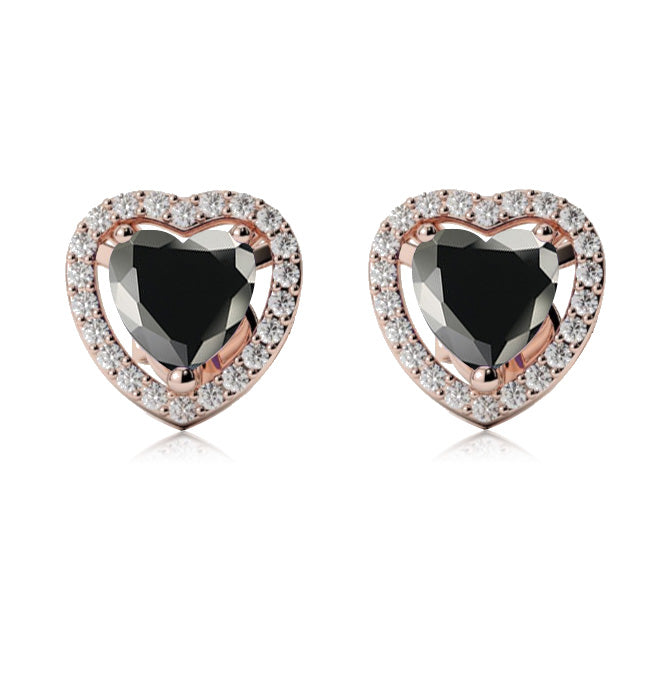 14k Rose Gold Plated 2 Ct Created Halo Heart Black Sapphire Stud Earrings