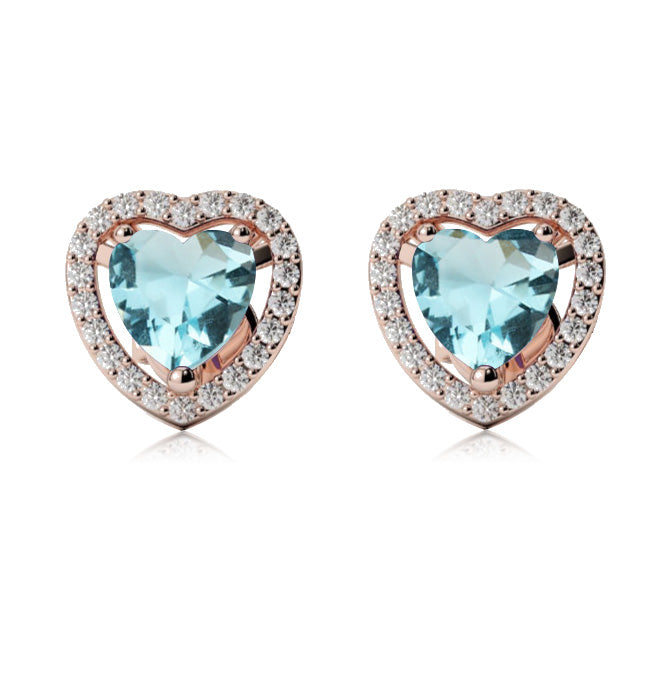 10k Rose Gold Plated 2 Ct Created Halo Heart Aquamarine Stud Earrings