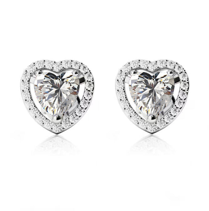 24k White Gold Plated 4 Ct Created Halo Heart White Sapphire CZ Stud Earrings