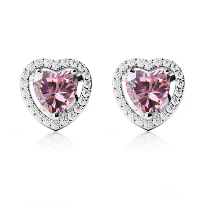 24k White Gold Plated 1/2 Ct Created Halo Heart Pink Sapphire Stud Earrings