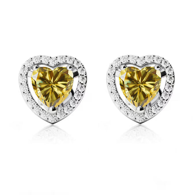 18k White Gold Plated 2 Ct Created Halo Heart Yellow Sapphire Stud Earrings