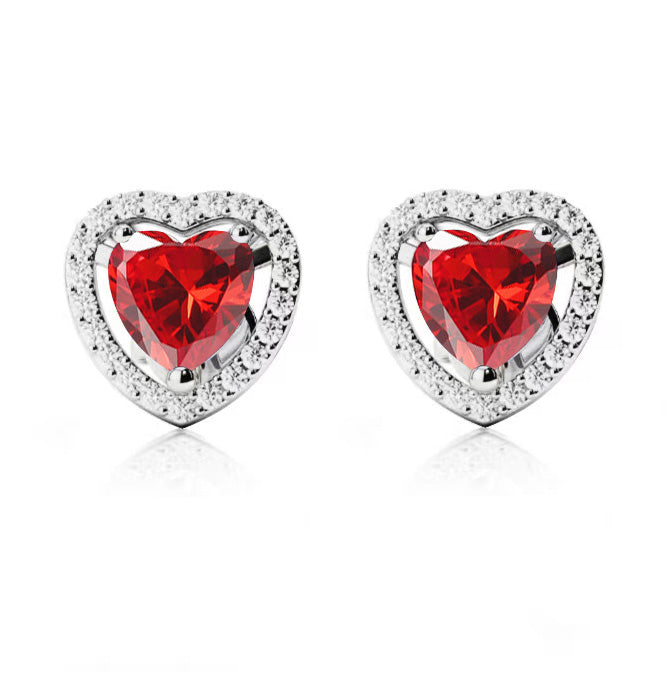 14k White Gold Plated 1 Ct Created Halo Heart Ruby Stud Earrings