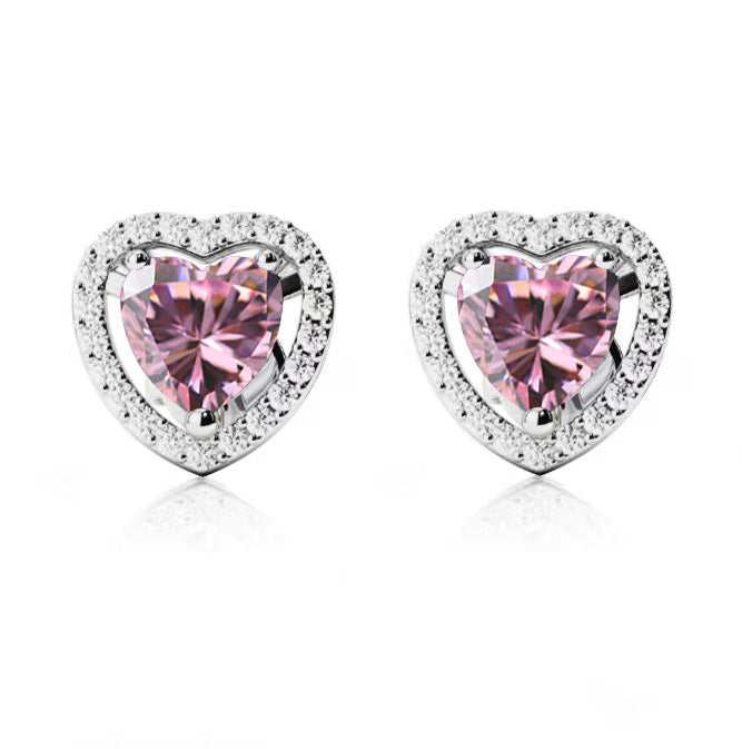 14k White Gold Plated 1/2 Ct Created Halo Heart Pink Sapphire Stud Earrings