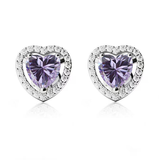 14k White Gold Plated 1/2 Ct Created Halo Heart Tanzanite Stud Earrings