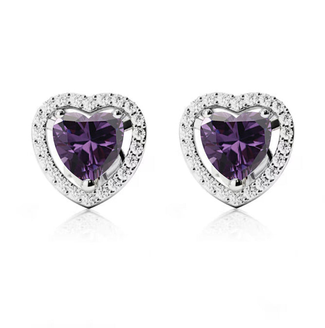 14k White Gold Plated 4 Ct Created Halo Heart Amethyst Stud Earrings