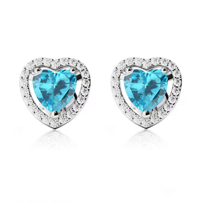14k White Gold Plated 4 Ct Created Halo Heart Blue Topaz Stud Earrings