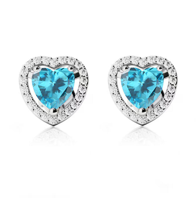 14k White Gold Plated 1 Ct Created Halo Heart Blue Topaz Stud Earrings