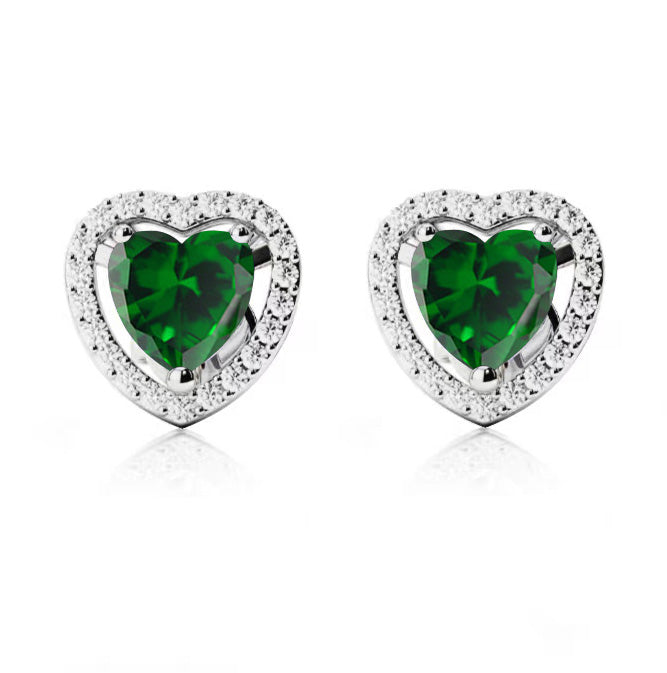 14k White Gold Plated 1/2 Ct Created Halo Heart Emerald Stud Earrings