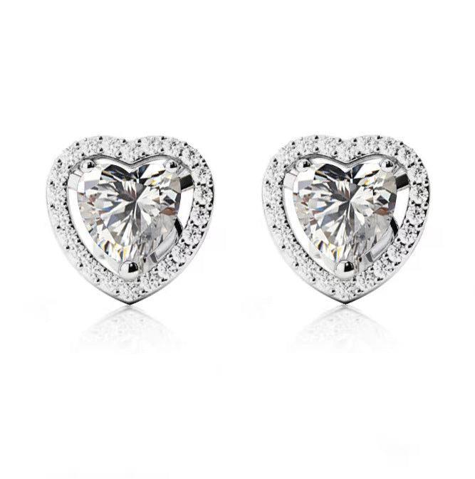 10k White Gold Plated 1 Ct Created Halo Heart White Sapphire CZ Stud Earrings