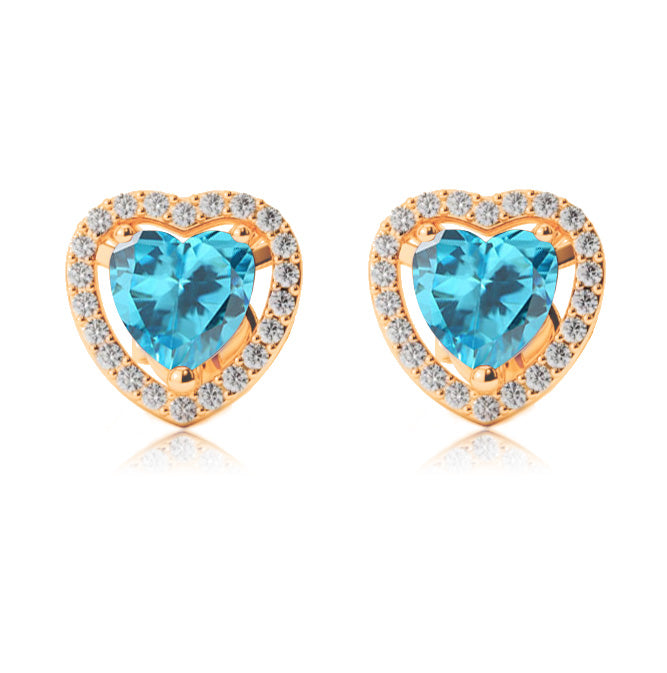14k Yellow Gold Plated 1/2 Ct Created Halo Heart Blue Topaz Stud Earrings