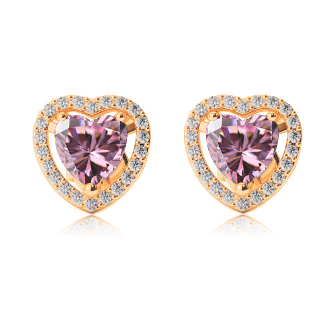 14k Yellow Gold Plated 3 Ct Created Halo Heart Pink Sapphire Stud Earrings