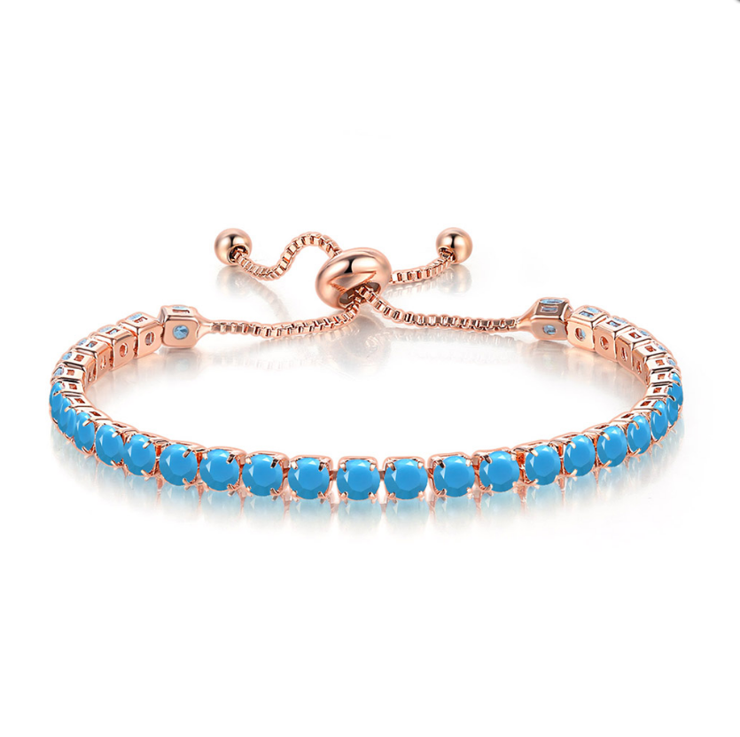 18k Rose Gold 6 Cttw Created Turquoise Round Adjustable Tennis Plated Bracelet