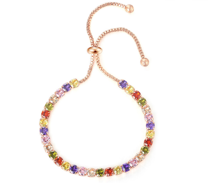 10k Rose Gold 6 Cttw Created Multi Color Round Adjustable Tennis Plated Bracelet