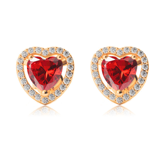 24k Yellow Gold Plated 2 Ct Created Halo Heart Ruby Stud Earrings