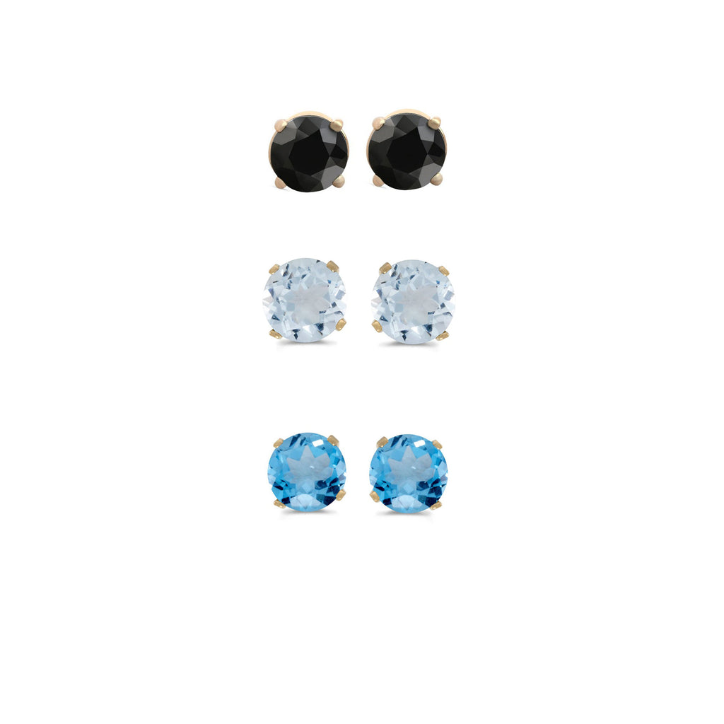 14k Yellow Gold Plated 1Ct Created Black Sapphire, Aquamarine and Blue Topaz 3 Pair Round Stud Earrings
