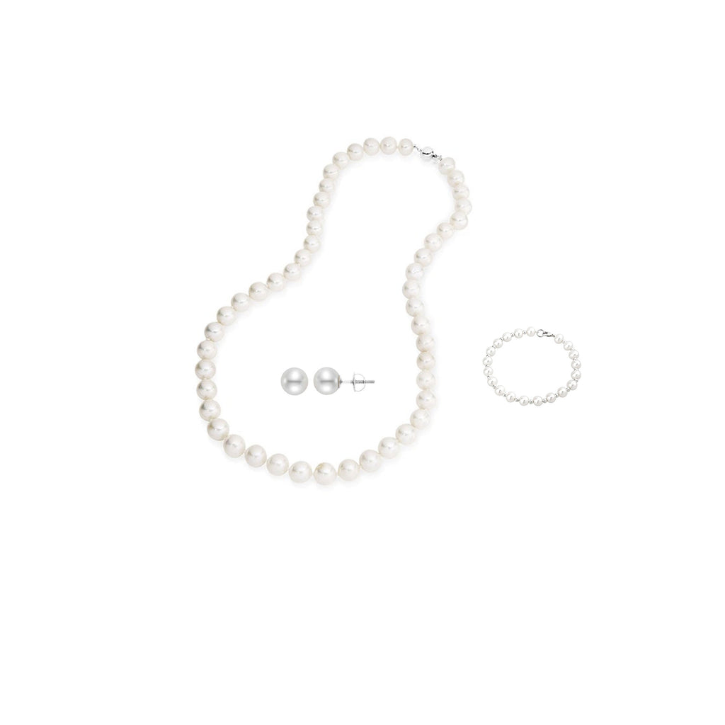 18K White Gold 1 ct Pearl Round 18 Inch Necklace, Bracelet and Earrings Set Plated