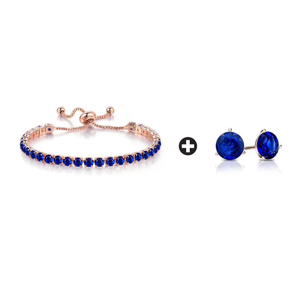 10k Rose Gold 6 Cttw Created Blue Sapphire Round Adjustable Tennis Plated Bracelet and Earrings Set