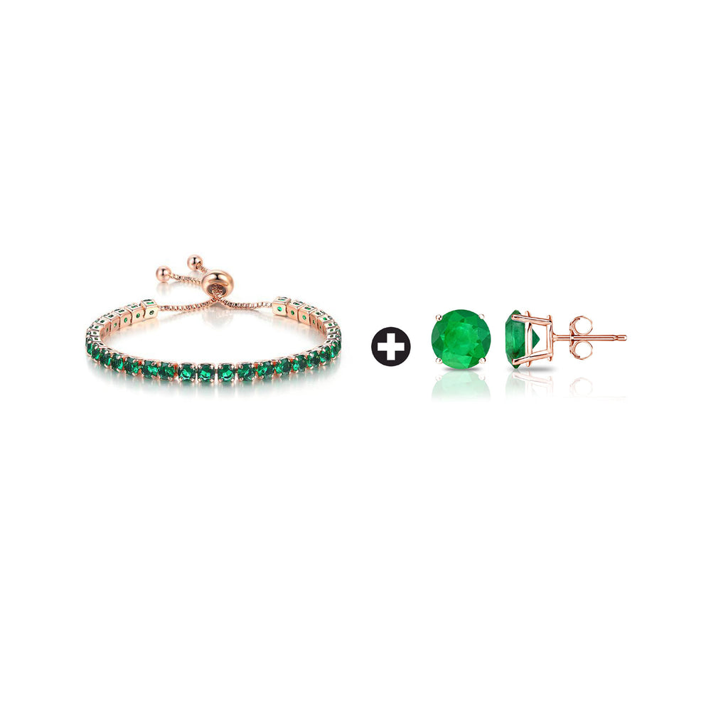 10k Rose Gold 7 Cttw Created Emerald Round Adjustable Tennis Plated Bracelet and Earrings Set
