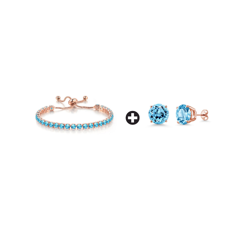 10k Rose Gold 7 Cttw Created Blue Topaz Round Adjustable Tennis Plated Bracelet and Earrings Set