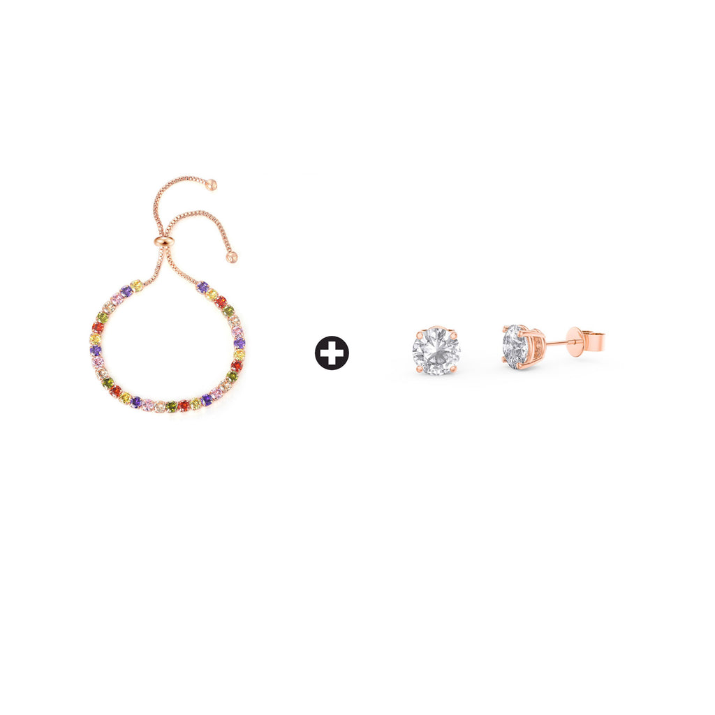 10k Rose Gold 6 Cttw Created Multi Color Round Adjustable Tennis Plated Bracelet and Earrings Set
