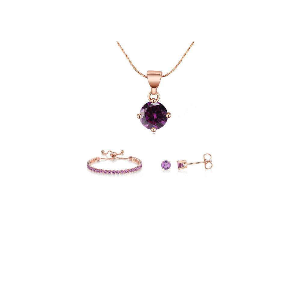 10k White Gold 7 Ct Round Created Amethyst Set of Necklace, Earrings and Bracelet Plated