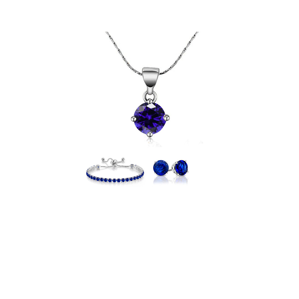 10k White Gold 6 Ct Round Created Blue Sapphire Set of Necklace, Earrings and Bracelet Plated
