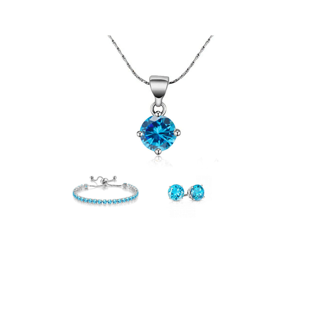 10k White Gold 7 Ct Round Created Blue Topaz Set of Necklace, Earrings and Bracelet Plated