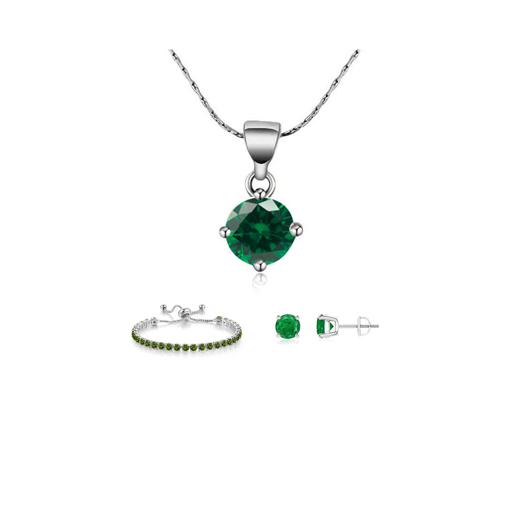 18k White Gold 6 Ct Round Created Emerald Set of Necklace, Earrings and Bracelet Plated