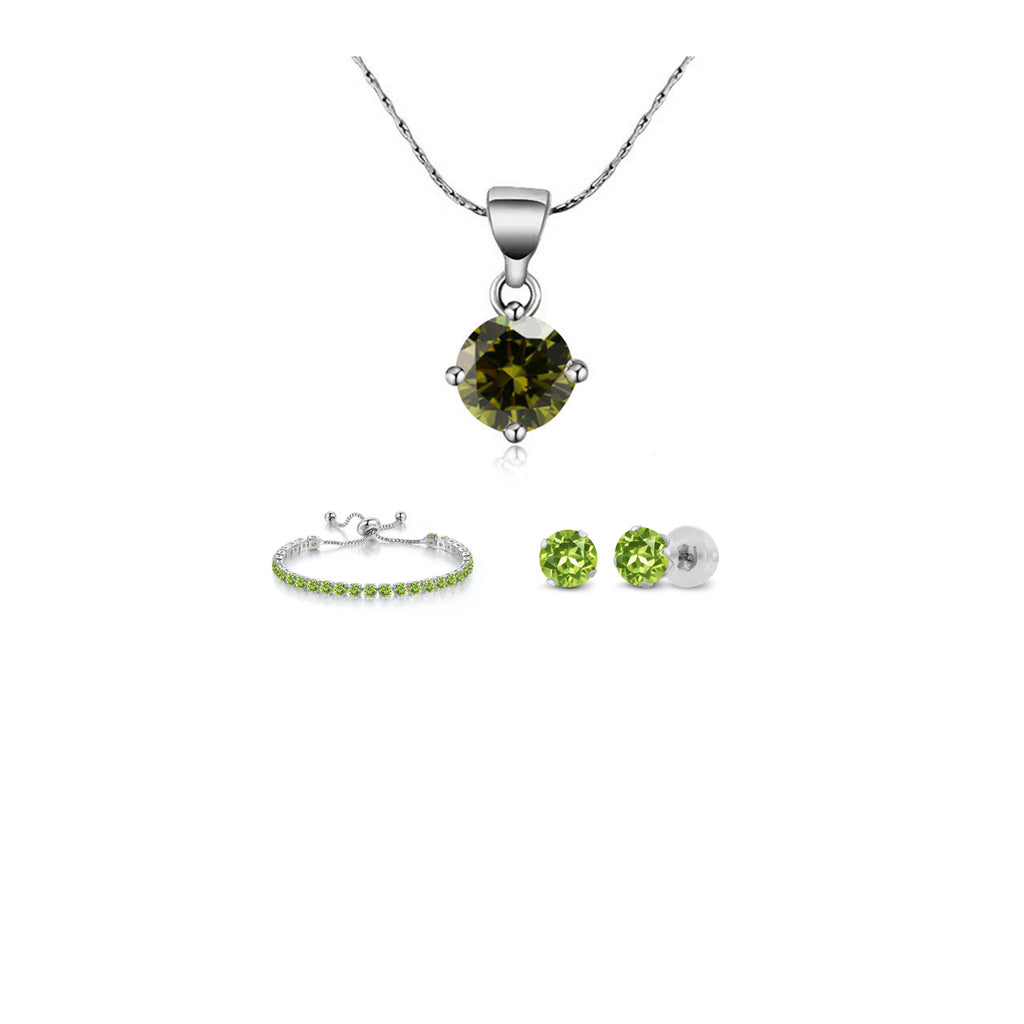 18k White Gold 6 Ct Round Created Peridot Set of Necklace, Earrings and Bracelet Plated