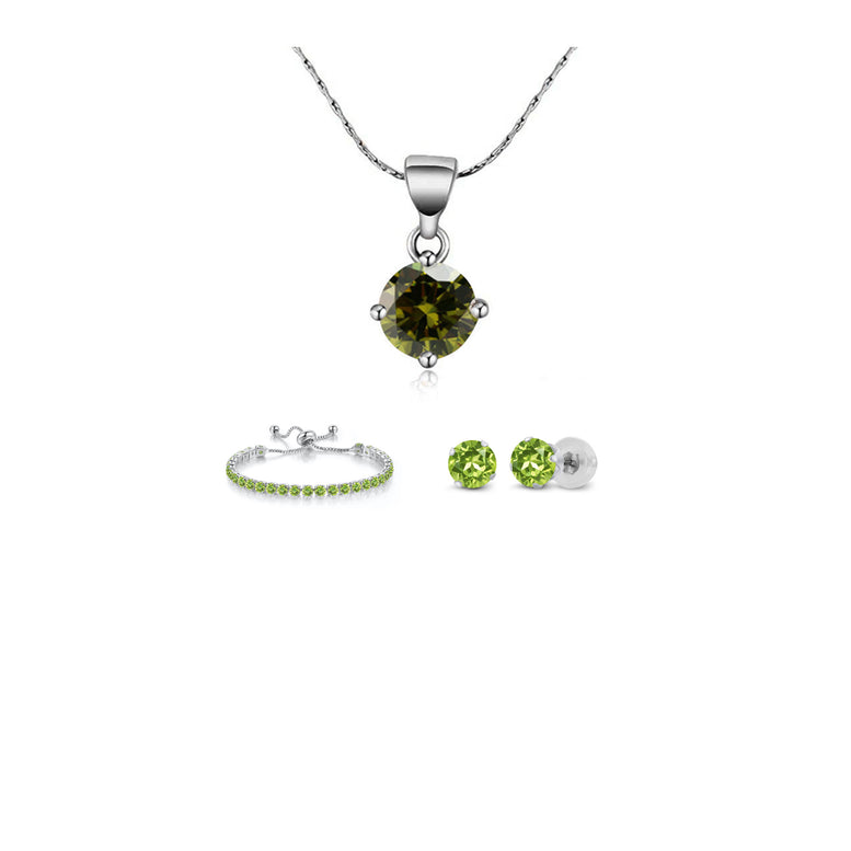 10k White Gold 6 Ct Round Created Peridot Set of Necklace, Earrings and Bracelet Plated