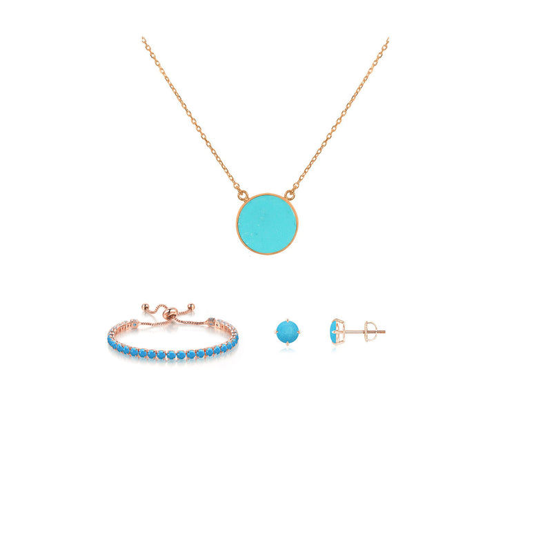 18k Rose Gold 6 Ct Round Created Turquoise Set of Necklace, Earrings and Bracelet Plated
