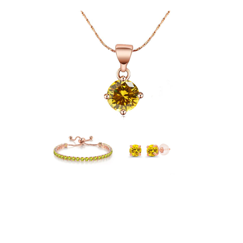 10k Rose Gold 7 Ct Round Created Yellow Sapphire Set of Necklace, Earrings and Bracelet Plated