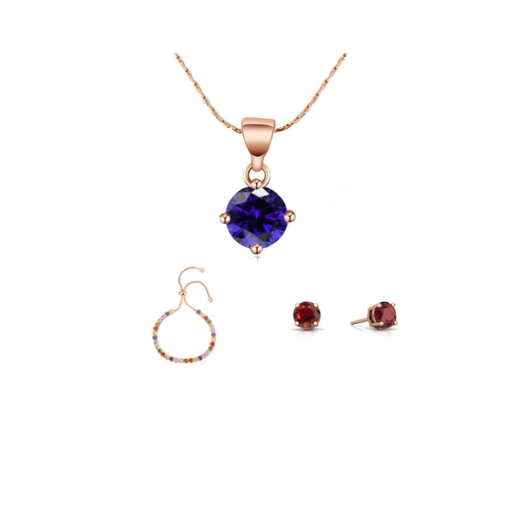 18k Rose Gold 6 Ct Round Created Multi Color Set of Necklace, Earrings and Bracelet Plated