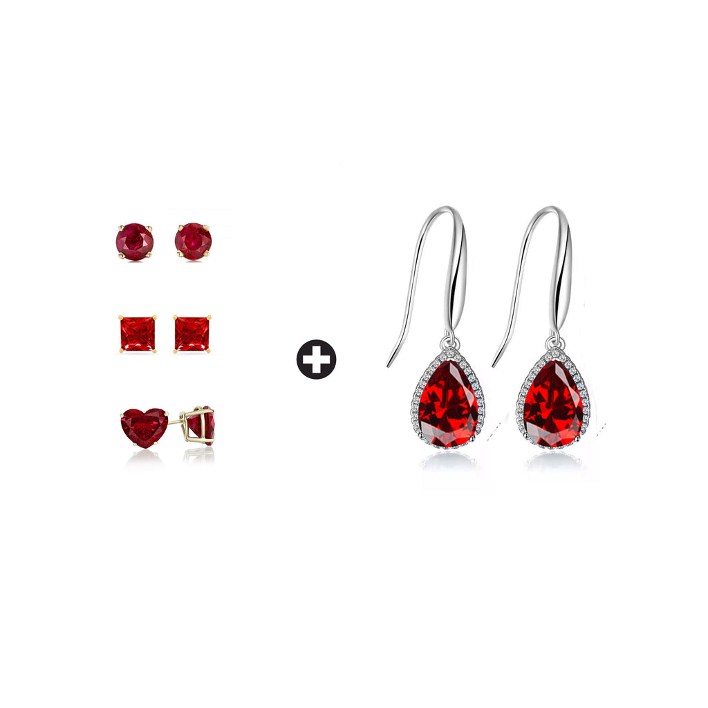 18k Yellow Gold Plated 1/4Ct Created Ruby 3 Pair Stud and Teardrop Earrings Plated