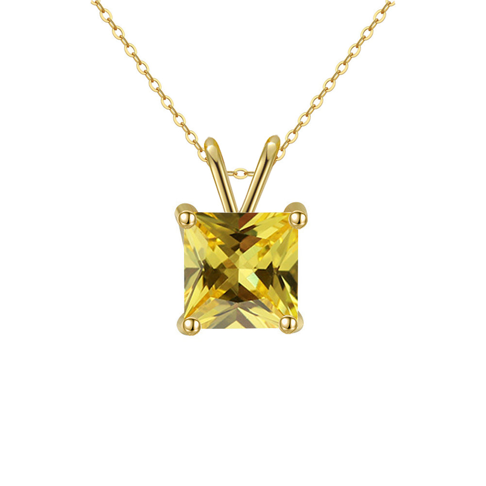 18K Yellow Gold 3 Carat Created Citrine Princess Stud Necklace Plated 18 inch