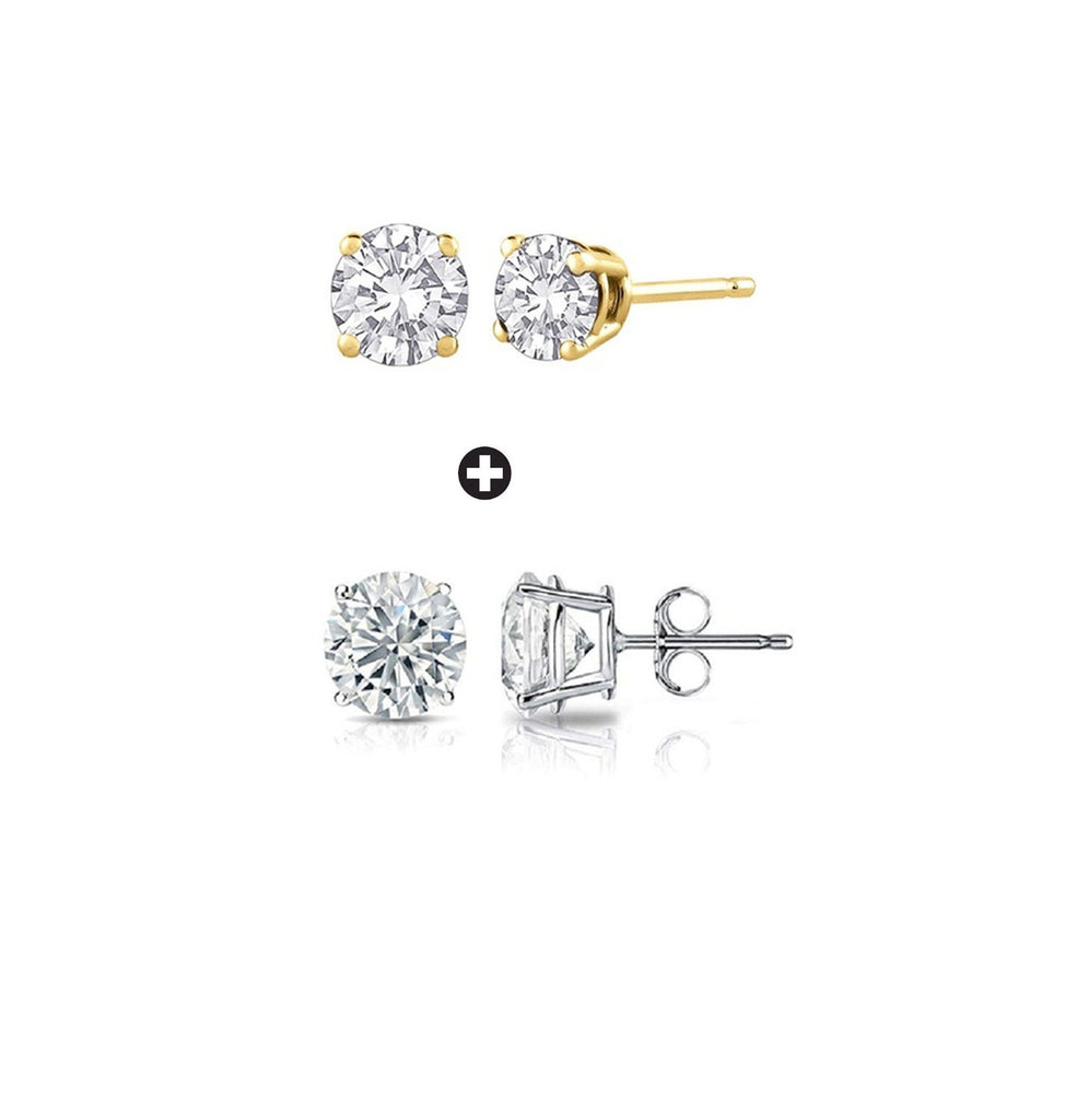 10k Yellow and White Gold Plated 4 Ct Created Round White Sapphire Stud Earrings