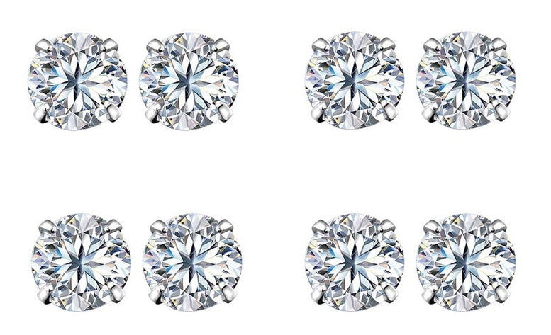 14k White Gold Plated 4mm 2Ct Round White Sapphire Set Of Four Stud Earrings