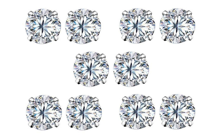 14k White Gold Plated 4mm 4Ct Round White Sapphire Set Of Five Stud Earrings