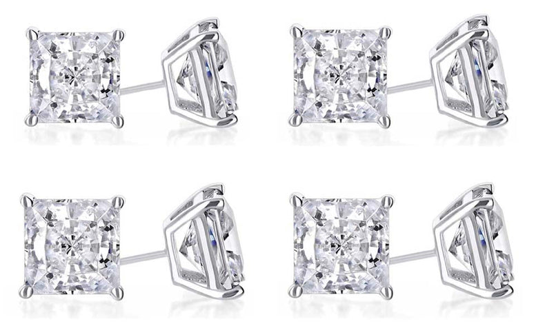 18k White Gold Plated 6mm 1Ct Princess Cut White Sapphire Set Of Four Stud Earrings