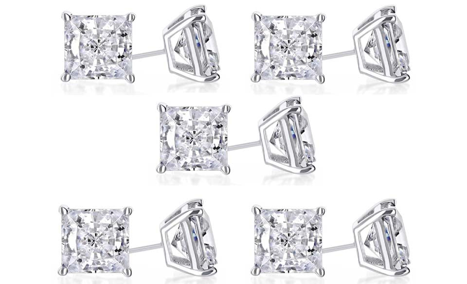 18k White Gold Plated 4mm 2Ct Princess Cut White Sapphire Set Of Five Stud Earrings
