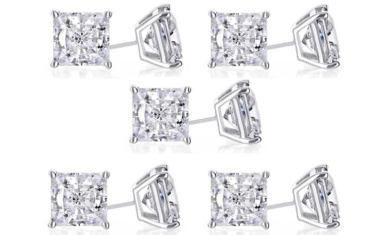 14k White Gold Plated 4mm 1/2Ct Princess Cut White Sapphire Set Of Five Stud Earrings