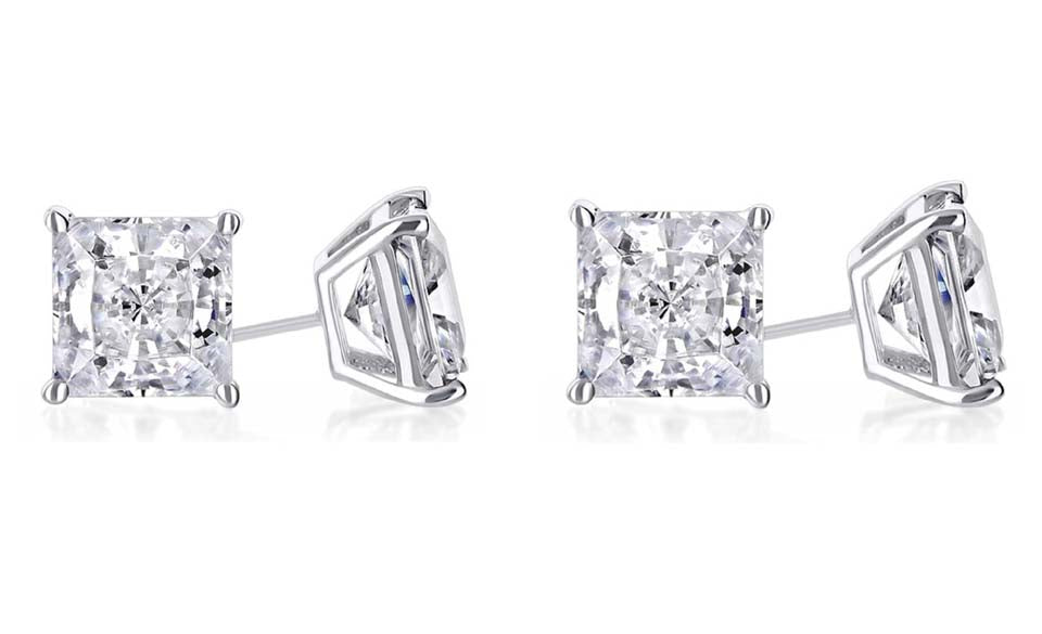 14k White Gold Plated 4Ct Princess Cut White Sapphire Set Of Two Stud Earrings