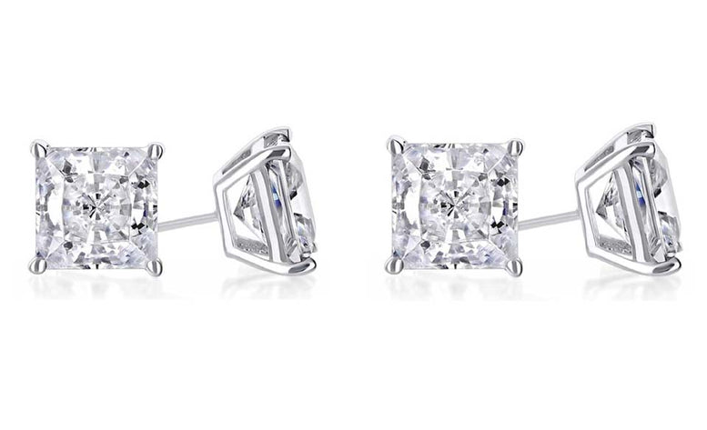 14k White Gold Plated 4mm 1/2Ct Princess Cut White Sapphire Set Of Two Stud Earrings
