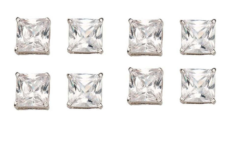 14k White Gold Plated 4mm 1Ct Square Cut White Sapphire Set Of Four Stud Earrings